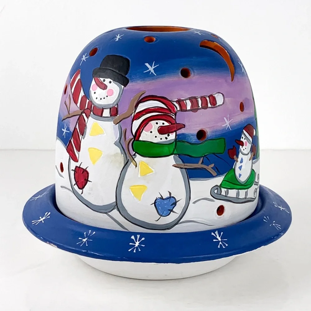 Vintage candle holder snowman Christmas ceramic dome tea light holder w/ cutouts